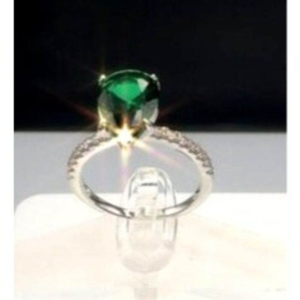 Sterling Silver Ring With Pear-Cut Green Gemstone & Pave Accent Stones Size 7 - Picture 3 of 9